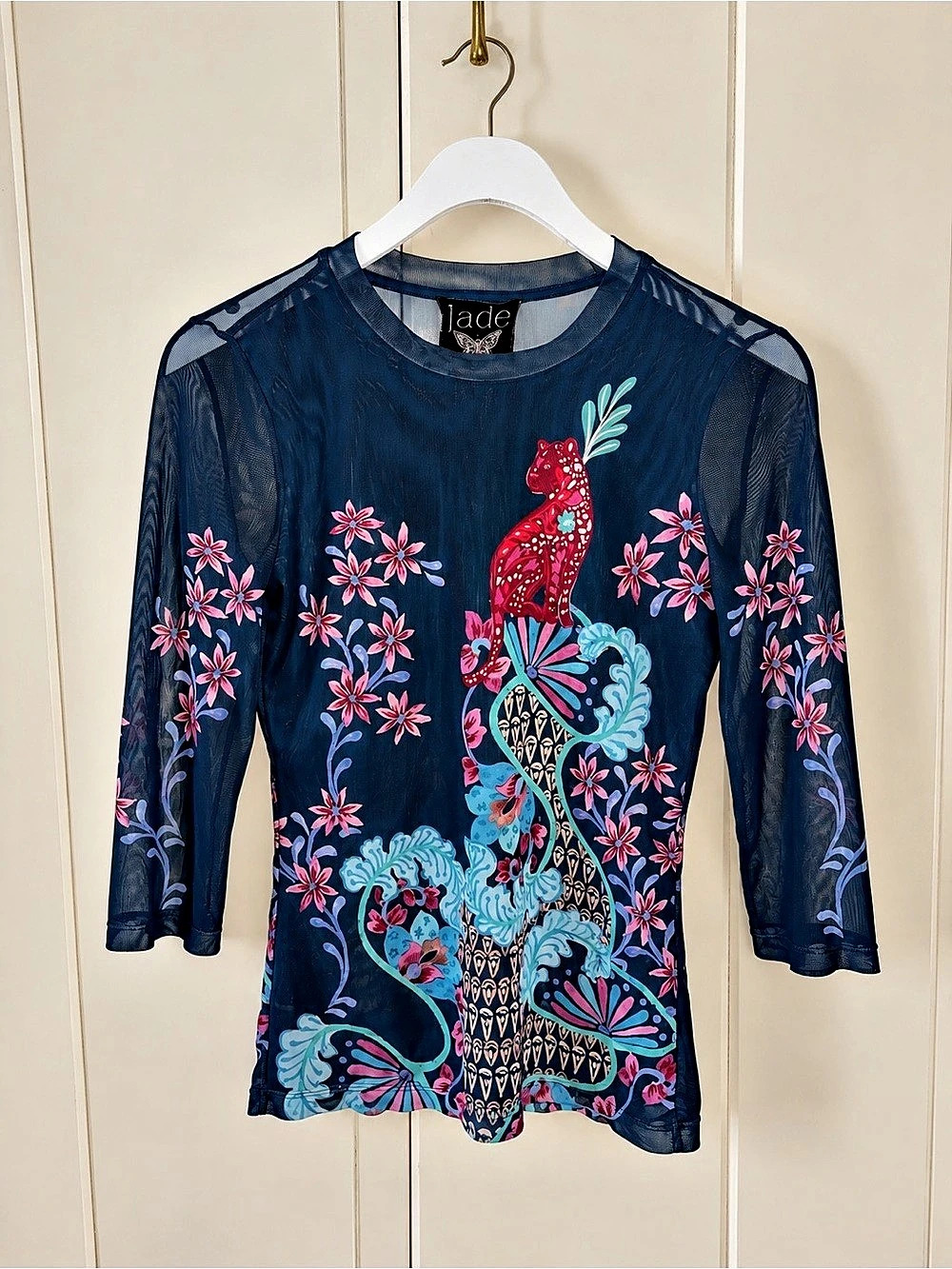 Johnny Was Floral Mesh Long Sleeve Top in Blue & Pink, Tigress Art Blouse